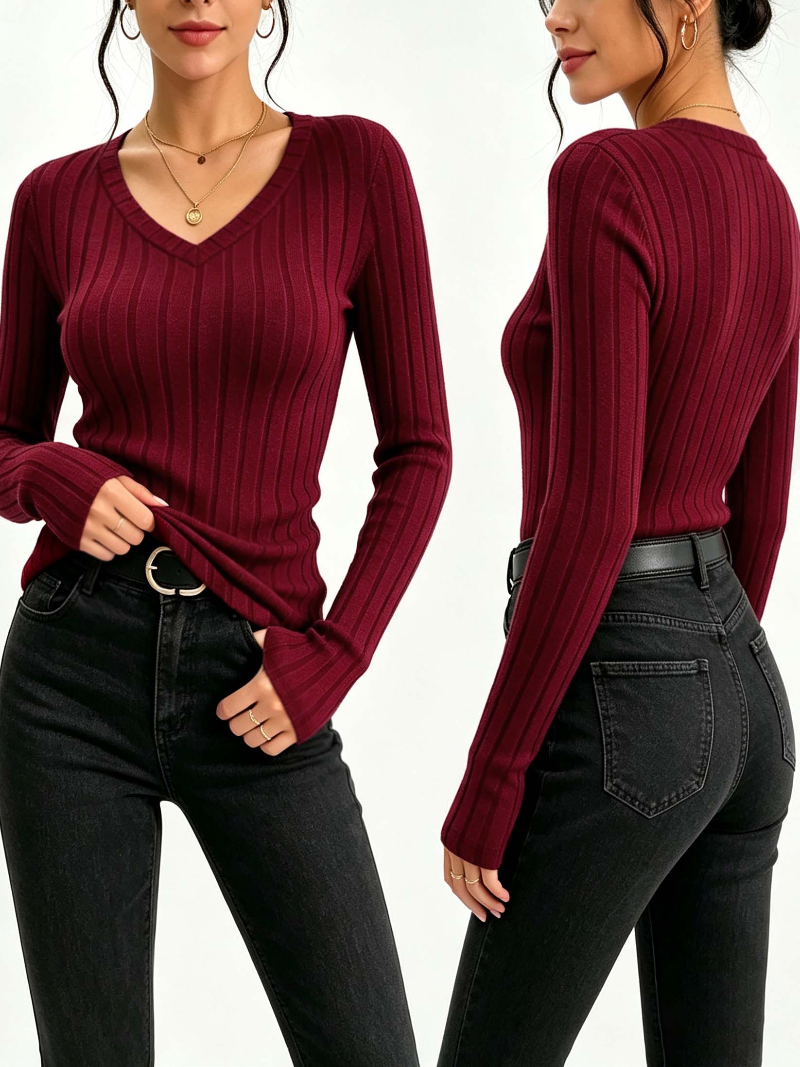 Winter Clothing For Women - Women Solid V‑Neck Ribbed Knit Top,