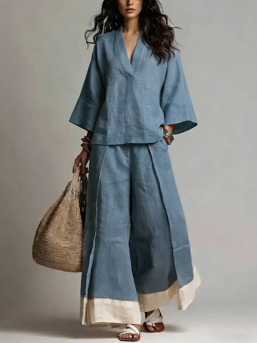 Winter Clothing Sale - Summer Women V-neck Cotton Linen Set